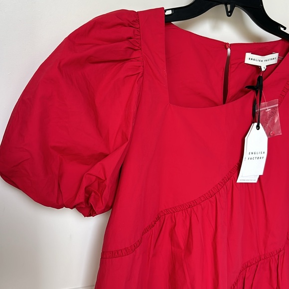 ENGLISH FACTORY Women's Asymmetric Poplin Tiered Sadie Dress Red Raspberry Small - Picture 7 of 11